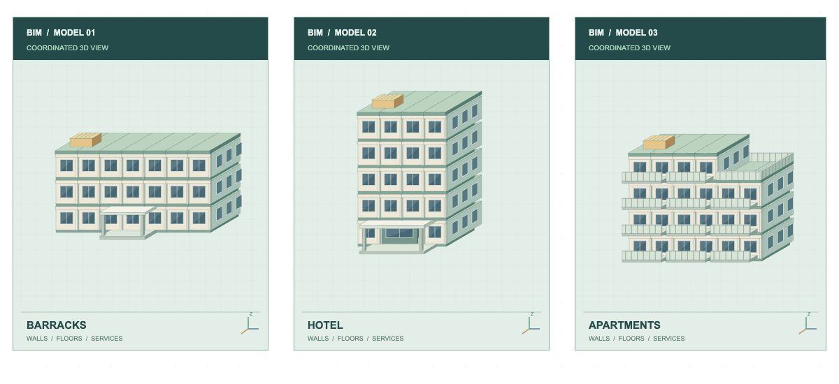 BIM models of barracks, a hotel and apartments show their shared walls, floors and services before manufacturing and assembly.